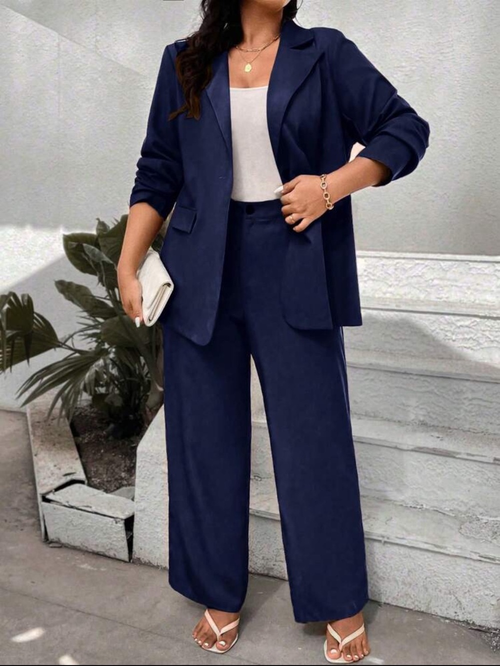SHEIN Navy Wide-Leg Tailored Pants with Matching Blazer